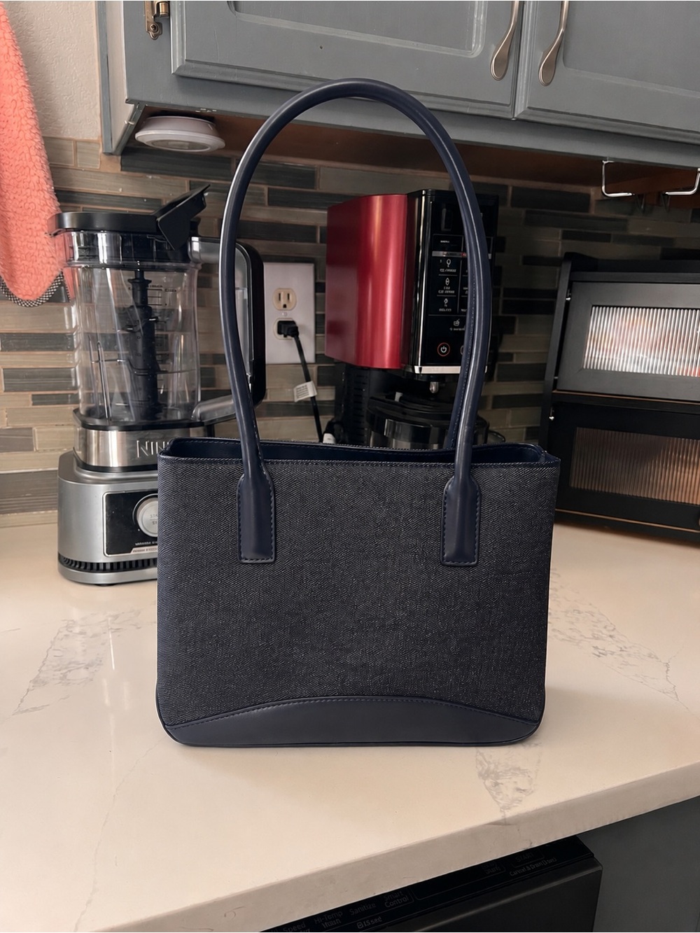 Navy Textured Tote Bag with Leather Accents